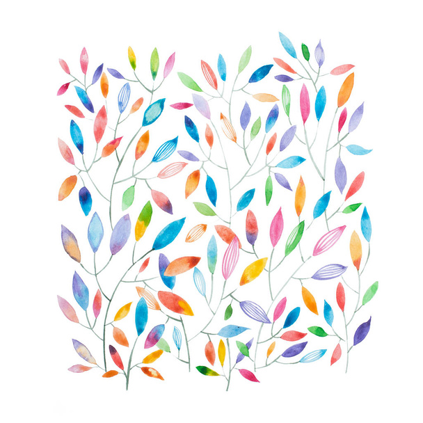 Watercolor painting of thin tree branches with multicolored leaves - Photo, Image