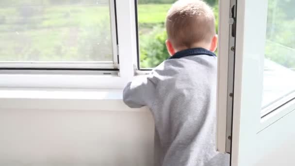 Kleine jongen dromerig kijkt uit het raam - Video
