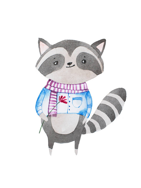 Hand drawn cartoon character. Shy cute little baby raccoon wearing scarf and shirt holding a flower - Photo, Image