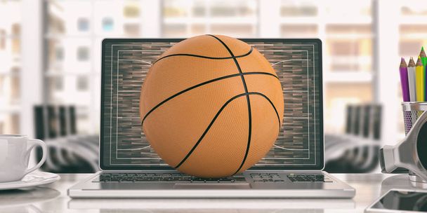 Basketbol üstünde a laptop - office arka plan. 3D çizim - Fotoğraf, Görsel