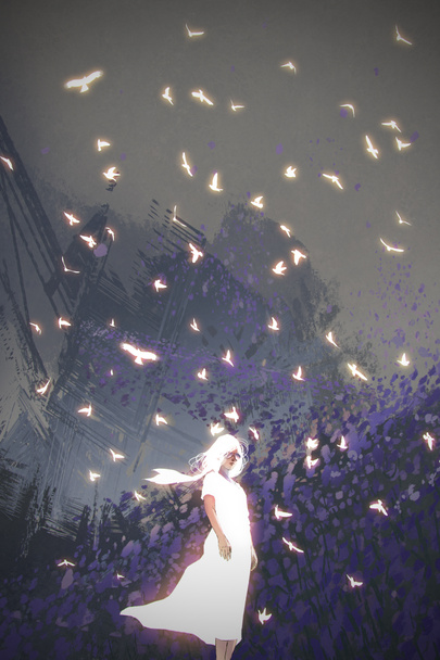 mujer en vestido blanco de pie entre las aves
 - Foto, Imagen
