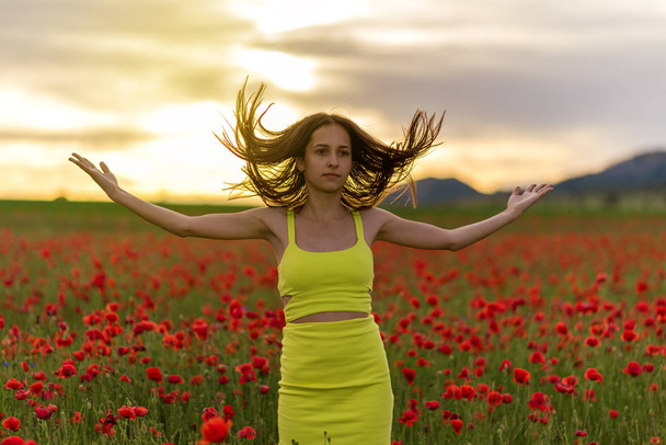 beautiful girl in a poppy field at sunset - Photo, Image