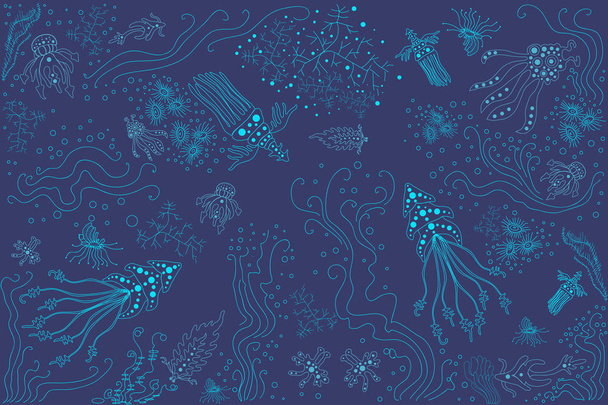  όμορφη banner εικονογράφηση του ωκεανού φανταστική πλάσματα - Διάνυσμα, εικόνα