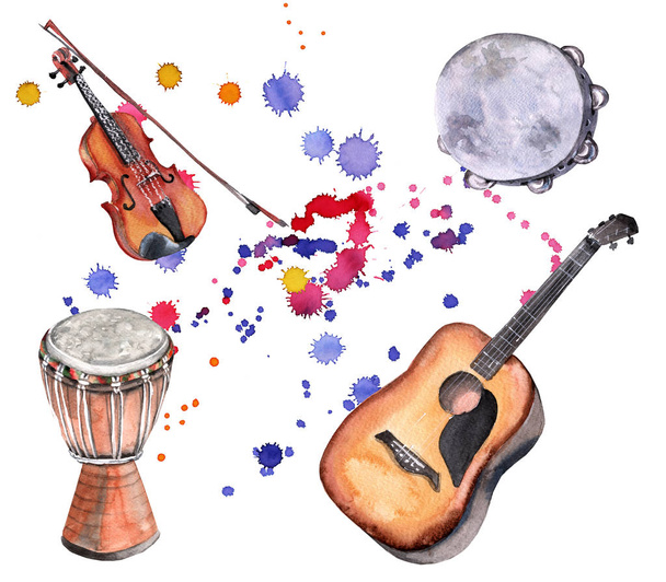 Instrumentos musicais. Violino, violão, tambor e pandeiro. Isolado sobre fundo branco
. - Foto, Imagem