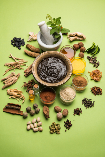 Indian Ayurvedic dietary supplement called Chyawanprash / chyavanaprasha  is a cooked mixture of sugar, honey, ghee, Indian Gooseberry (amla), jam, sesame oil, berries, herbs and various spices - Valokuva, kuva