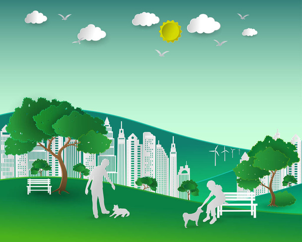 Concept van eco met natuur en gebouw, paar honden houdt gelukkig in het stadspark - Vector, afbeelding