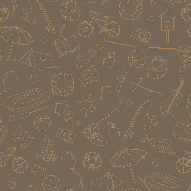 Бесшовный узор на тему летнего лагеря и отдыха, простые контурные иконы, бежевый контур на коричневом фоне
 - Вектор,изображение