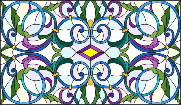 Illustration in stained glass style with abstract  swirls,flowers and leaves  on a light background,horizontal orientation - Vector, Image