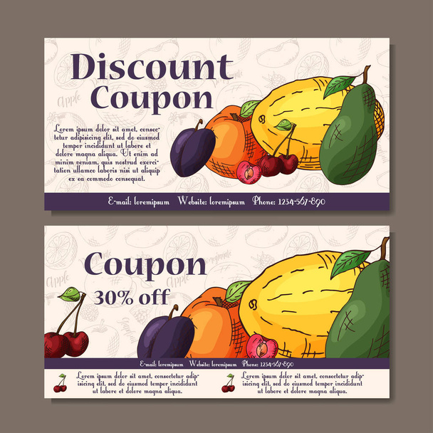 Cafe discount voucher for your business. Modern style with food element on background. Template vector with fruitsf or farmers. - Vector, Image