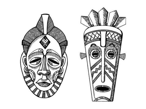 African masks of savages engraving style vector - Вектор, зображення
