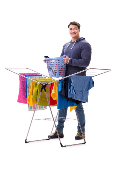 Husband man doing laundry isolated on white - Foto, Imagen