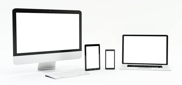Interior moderno escritorio blanco con computadora y dispositivos 3D renderin
 - Foto, Imagen