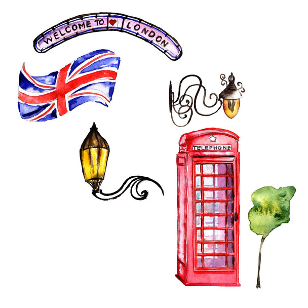 Ακουαρέλα Λονδίνο εικονογράφηση. Μεγάλη Βρετανία το χέρι συντάσσονται σύμβολα. - Φωτογραφία, εικόνα