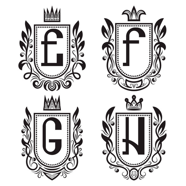 Royal coat of arms set in medieval style. Vintage logos with E, F, G, H monogram. - Vector, Image