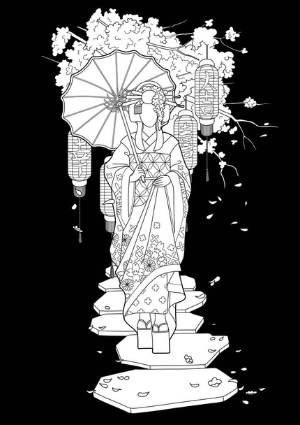 Graafinen geisha sateenvarjolla
 - Vektori, kuva