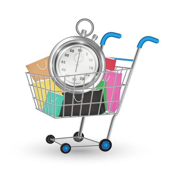 steel stopwatch and bag on a shopping cart - Vector, Imagen