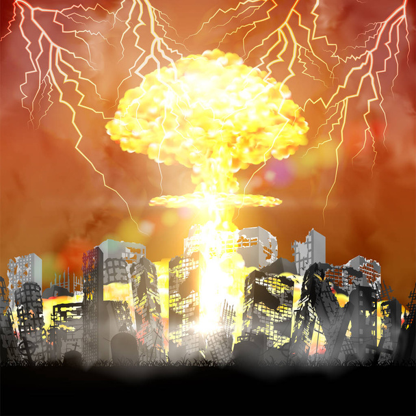 σιλουέτα πυρηνική βόμβα πάνω από την ερειπωμένη πόλη κτίριο  - Διάνυσμα, εικόνα