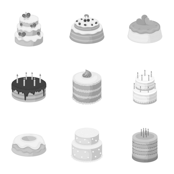 Cakes for the holidays. A set of different sweets. Beautifully decorated cakes and muffins.Cakes icon in set collection on monochrome style vector symbol stock illustration. - Vector, afbeelding