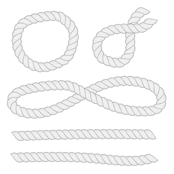 Different shapes, size horizontal white ropes isolated on white background. - Vector, Image
