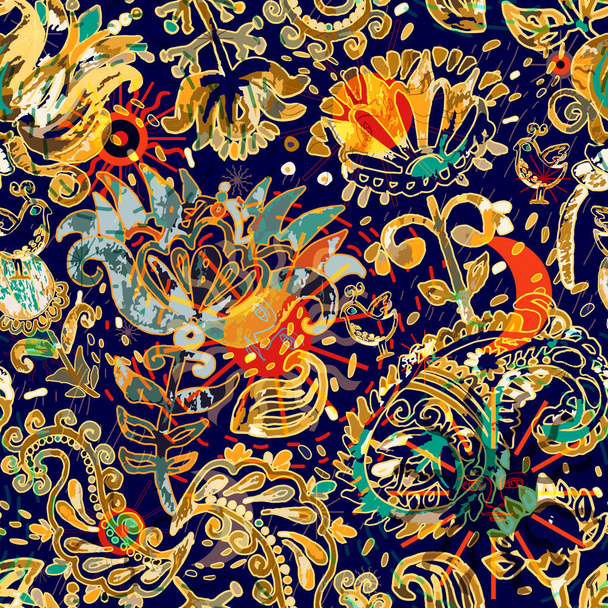 Patrón sin costura floral, efecto textura. Adorno indio. Flores decorativas vectoriales y Paisley. Estilo étnico. Diseño para telas, tarjetas, web, decoupage
 - Vector, Imagen