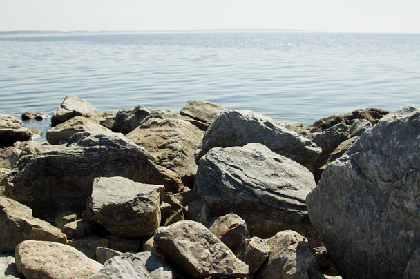 Large stones on the banks of the Volga, River Port of Ulyanovsk. - Фото, зображення