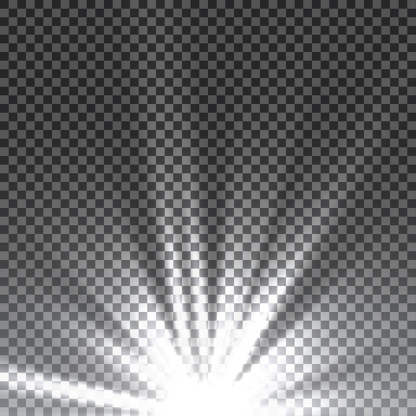 Vetor de luz solar transparente efeito de luz de erupção de lente especial. Flash solar com raios e holofotes - Vetor, Imagem