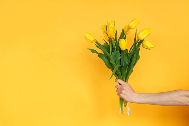 hand holding bunch of yellow tulips  - Foto, Bild