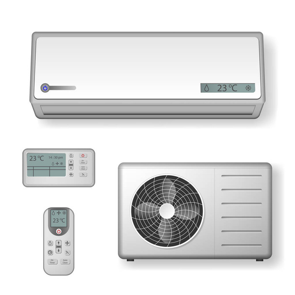 Set realistico di condizionatore d'aria con impianti di raffreddamento e ventilazione isolati su bianco. illustrazione vettoriale
 - Vettoriali, immagini