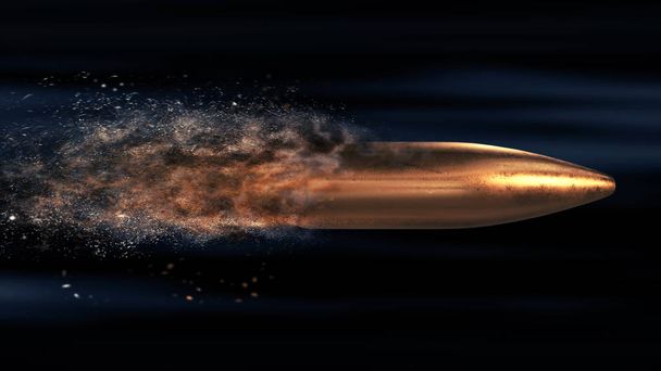 Vliegende kogel met een parcours van de stof op een donkere achtergrond - Foto, afbeelding