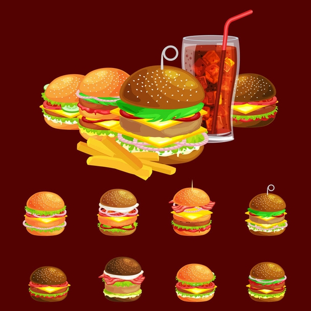 Conjunto de sabrosas hamburguesas a la parrilla de carne de res y verduras frescas vestidas con pan de salsa para aperitivos, hamburguesa americana comida rápida papas fritas con soda fría bebida de hielo marrón vecor ilustración fondo
 - Vector, imagen