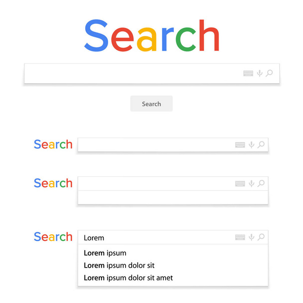 Вектор поля панелі пошуку. Шаблон вікна переглядача пошукових систем. Спливаючі списки, Результати пошуку. Елементи пошуку значок піктограми і рамки для тексту
 - Вектор, зображення