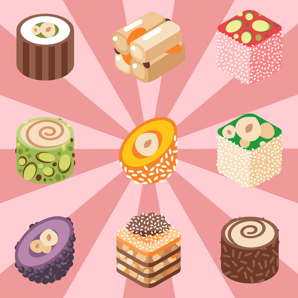 Kelet-finom desszert édesség élelmiszer cukrászda házi választék vektoros illusztráció elszigetelt - Vektor, kép