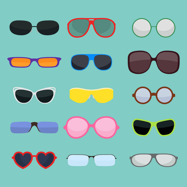 Güneş gözlüğü Aksesuar güneş gözlüğü plastik çerçeve modern gözlük vektör çizim moda ayarla. - Vektör, Görsel