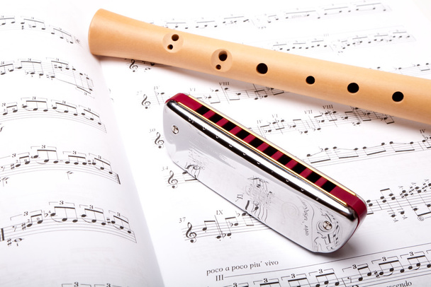 mond mondharmonica en houten fluit - Foto, afbeelding