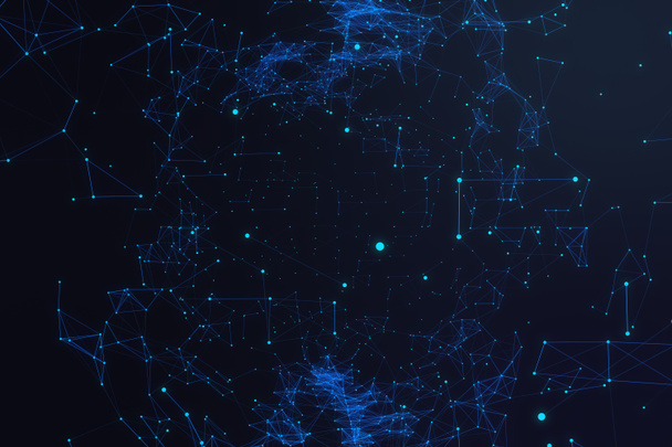 Conexión tecnológica forma futurista, red de puntos azules, fondo abstracto, fondo azul, concepto de red, comunicación por Internet, representación 3D
 - Foto, Imagen