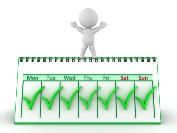 3D Character standing on calendar with checkmarks - 写真・画像