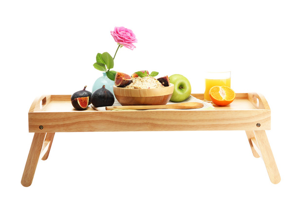 light breakfast on wooden tray isolated on white - Фото, изображение
