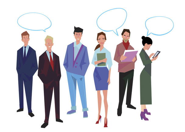 Group of office workers, employees, managers with speech bubble. Business people in casual and office clothes. Isolated on white. Business Icons. Business design. Vector illustration. - Vector, Image