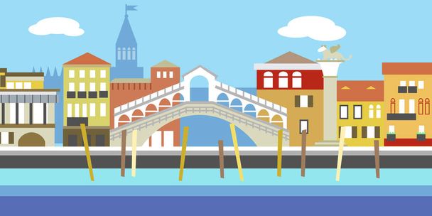 Vector illustration of European cityscape in simple style. Traditional landscape. Houses in the old European style. River channel. - Vector, Image