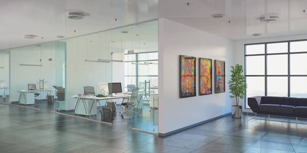 3d render - oficina de planta abierta - edificio de oficinas
 - Foto, imagen