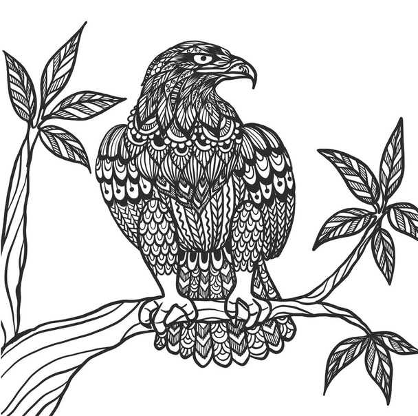 Hand drawn tribal eagle sitting on tree branch  - Вектор,изображение