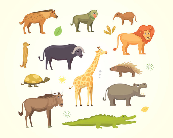 Afrika hayvanları vektör set karikatür. fil, Gergedan, zürafa, çita, zebra, sırtlan, aslan, su aygırı, timsah, gorila ve outhers. izole safari illüstrasyon. - Vektör, Görsel
