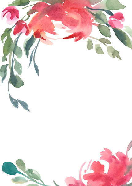 watercolor pink, rose peonies with gray grass on white backgroun - Foto, Imagem