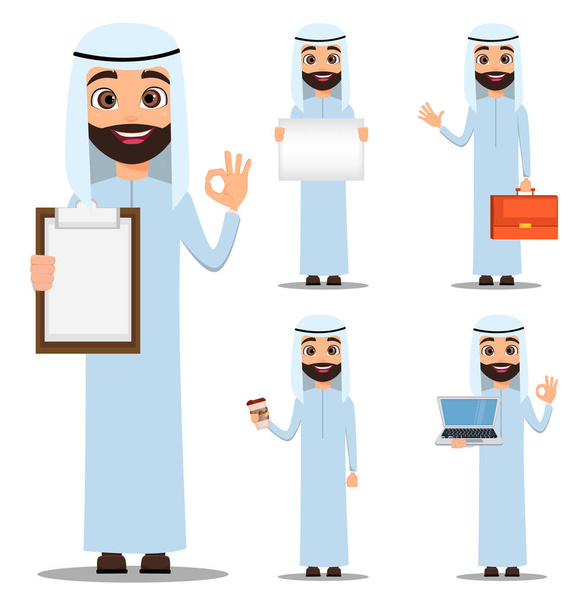Homem árabe vestido de branco. Conjunto de personagens de desenhos animados bonito. Ilustração vetorial
 - Vetor, Imagem