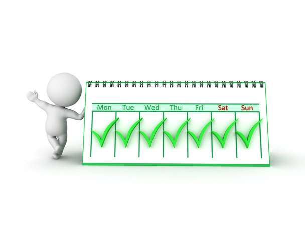 3D Character leaning on weekly calendar with many green check ma - 写真・画像