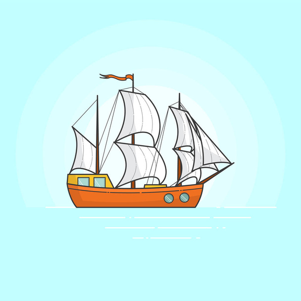 Farbschiff mit weißen Segeln im Meer. Segelboot auf den Wellen für Reise, Tourismus, Reisebüro, Hotels, Urlaubskarte, Banner - Vektor, Bild