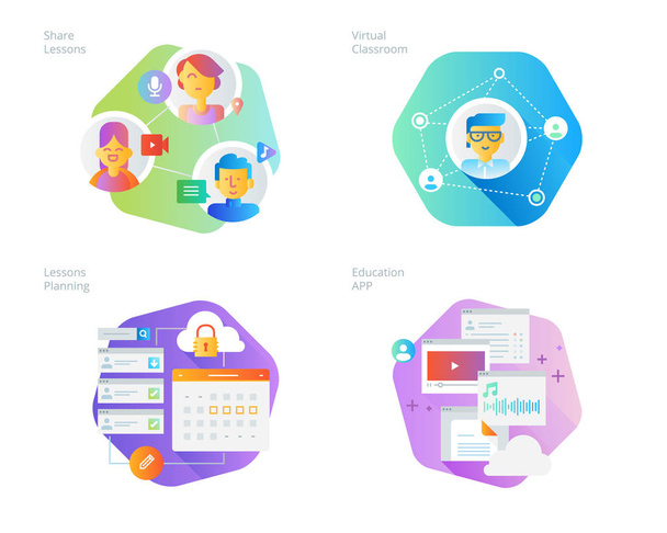 Material design icons set for online education, apps, virtual classroom, education network, lecture program for teachers - Vector, Image