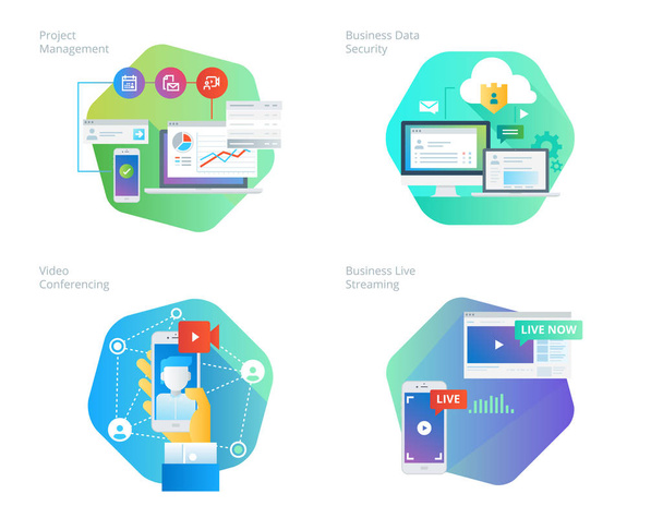 Material design icons set for project management, business data security, video conferencing, business live streaming - Vector, Image