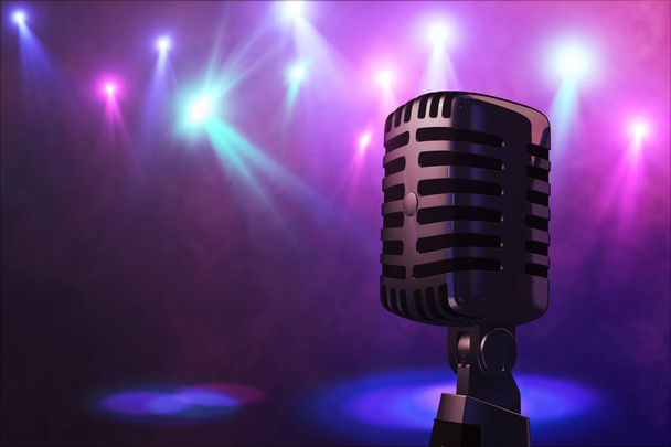 Retro styl mikrofon na jevišti v reflektor vystoupení hudební skupiny. Mikrofon pro rock, rock'n'roll a rockabilly hudba. Mikrofon v modré světlo og fázi. Hudba je ve vzduchu - Fotografie, Obrázek