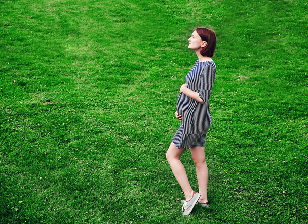 Beautiful pregnant woman in dress on nature. - 写真・画像
